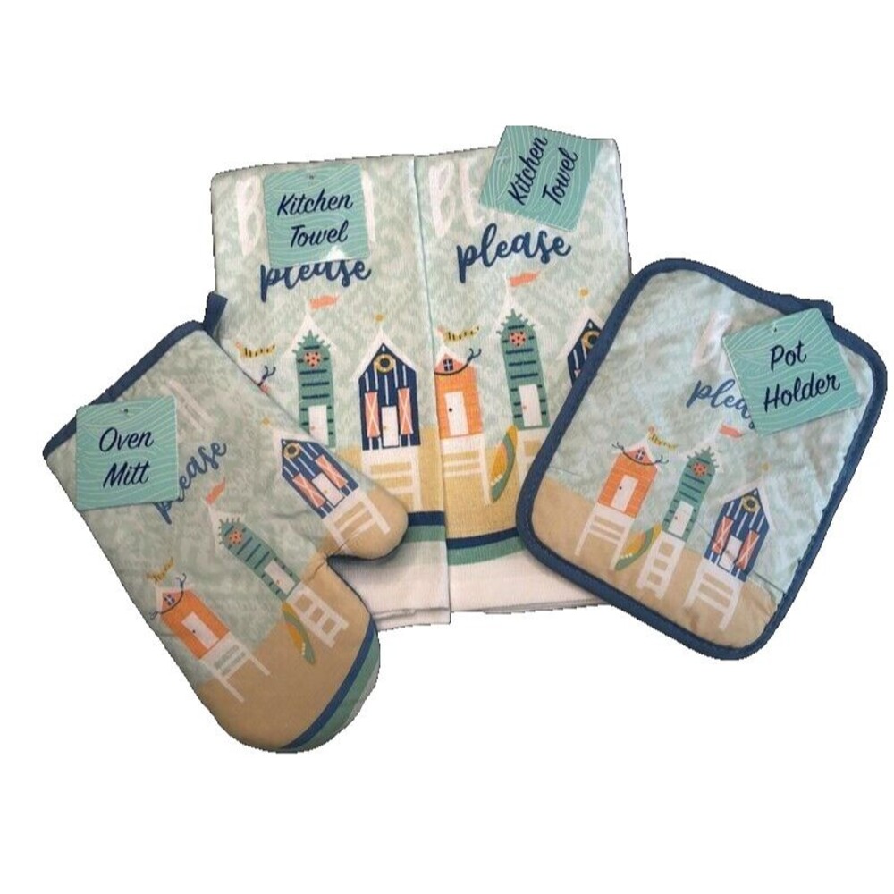 Beach Please Kitchen Towels Oven Mitt Potholder Set of 4 Cabana Summer Coastal